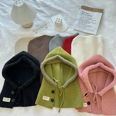 Winter Warm Knitted Balaclava Hood Hat Women Thickened Fleece Lined Acrylic Shawl Beanie Outdoor Coldproof Cap