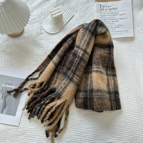 Winter Warm Plaid Scarf For Men And Women Retro Long Tassel Shawl Couple Casual Soft Polyester Fashion Blanket Scarf