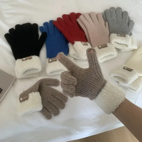 Women's Winter Warm Knitted Gloves Thickened Plush Turn-Cuff Solid Color Casual Outdoor Cold Weather Thermal Gloves