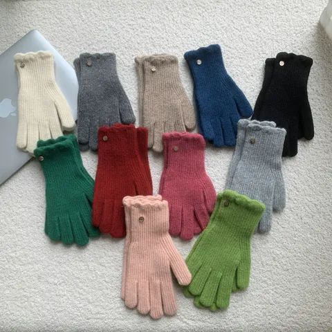 Women's Winter Solid Color Knit Gloves Cute Ruffle Trim Warm Mittens Casual Fashion Daily Cold Weather Gloves
