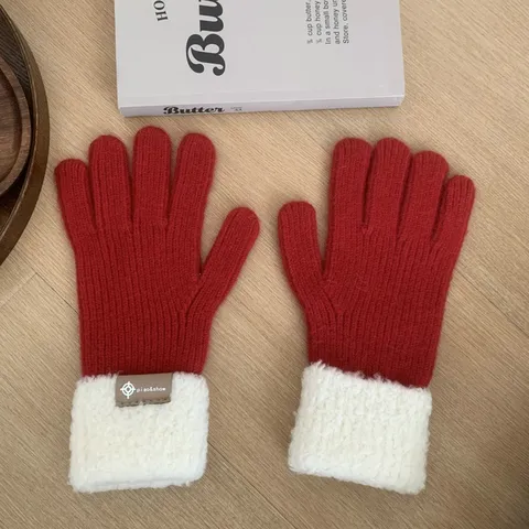 Women's Winter Warm Knitted Gloves Thickened Plush Turn-Cuff Solid Color Casual Outdoor Cold Weather Thermal Gloves