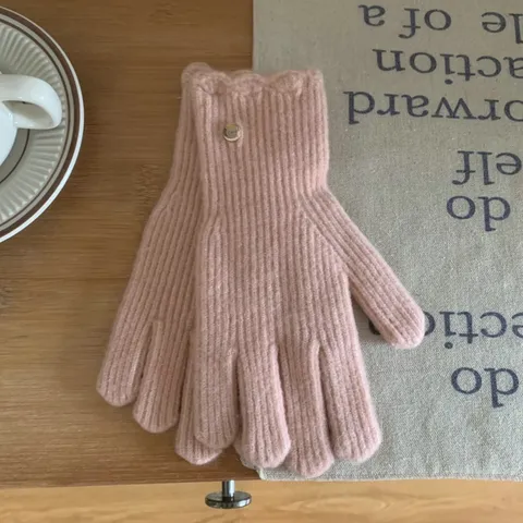 Women's Winter Solid Color Knit Gloves Cute Ruffle Trim Warm Mittens Casual Fashion Daily Cold Weather Gloves