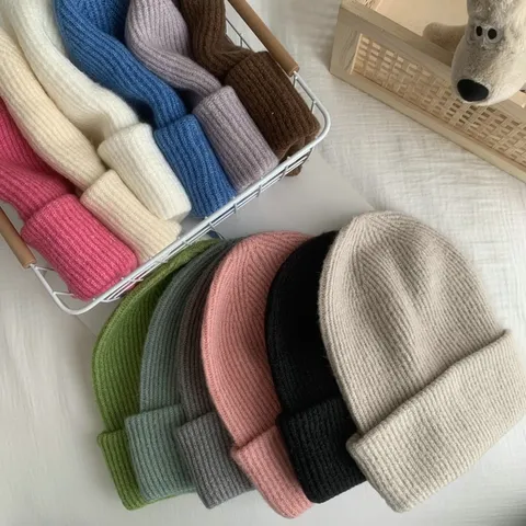 Bonnet Laine Couleur Unie Femmes Tricot Côtelé Revers Chaud Style Ins Souple Bonnet Docker Hiver Plein Air Couvre Chef