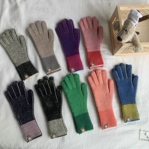 Korean Style Knitted Warm Gloves For Women Polyester Color Block Striped Fingerless Full Finger Ribbed Cuff Winter Mittens