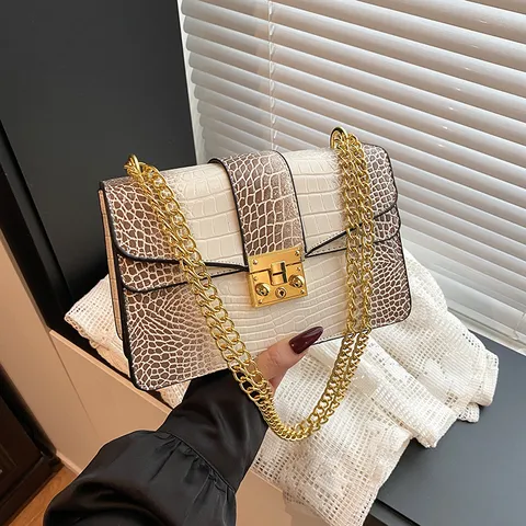 Womens Fashion Crocodile Pattern Chain Crossbody Bag Luxury PU Leather Small Square Handbag Casual Shoulder Bag