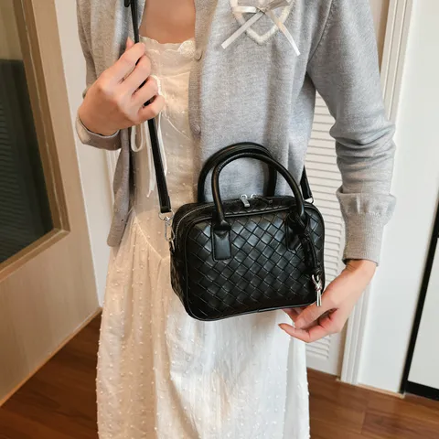 Women Fashion Woven PU Leather Crossbody Bag Casual Solid Color Top Handle Satchel Bag Everyday Travel Handbag