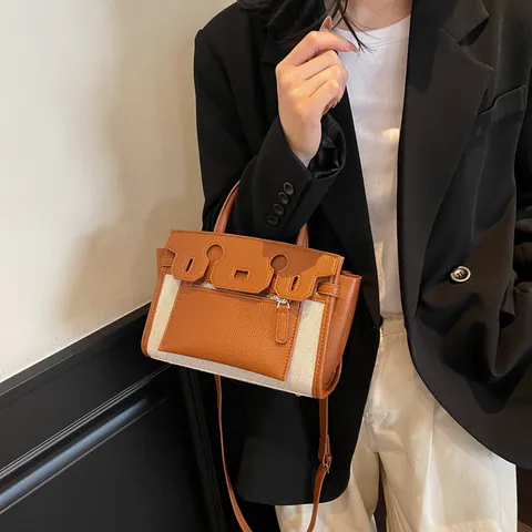 Color Block Spliced Retro Large Capacity Tote Bag Women PU Leather Canvas Top Handle Crossbody Shoulder Bag With Lock Closure