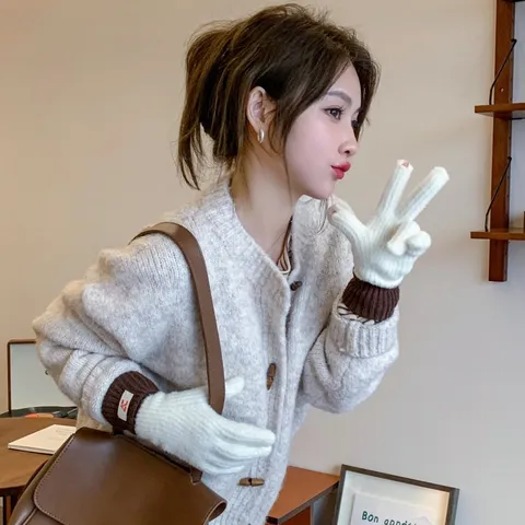 Women's Winter Warm Knit Gloves Touch Screen Color Block Thickened Fashion Cycling Gloves Outdoor Cold Weather Gloves