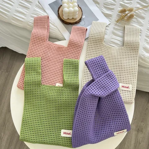 Japanese Korean Style Hollow Mesh Knitted Handbag For Women Large Capacity Grid Knit Tote Bag Shoulder Vest Bag Casual Everyday Shopping Bag
