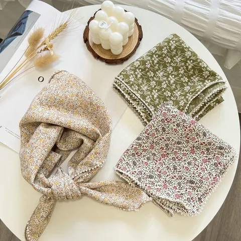 Floral Print Cotton Linen Square Scarf For Women With Artificial Pearl Edge Elegant Lightweight Summer Bandana Head Scarf Neck Scarf
