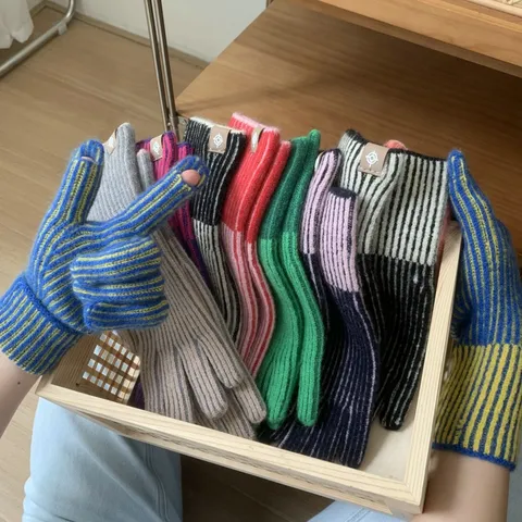 Korean Style Knitted Warm Gloves For Women Polyester Color Block Striped Fingerless Full Finger Ribbed Cuff Winter Mittens
