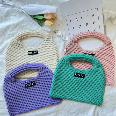 Bolso Tote de Punto para Mujer Colores de Caramelo Patrón de Cuadros Tela Suave Bolso de Mano Minimalista Bolso de Muñeca de Punto Gran Capacidad Trayecto Escolar Bolso para Estudiantes