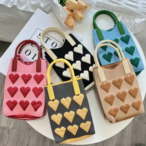 Damen Casual Gestrickt Herzmuster Mini Umhängetasche Rauten Karo Handytasche Kleine Hand Tote Bag Für Studenten Täglich