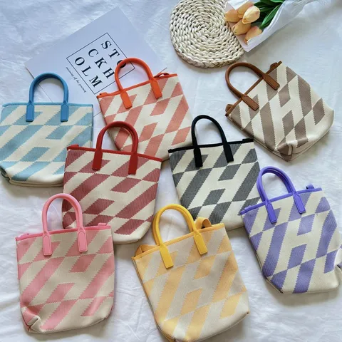 Women Casual Polyester Knitted Tote Bag Geometric Plaid Large Capacity Shoulder Crossbody Bucket Bag For Daily Streetwear