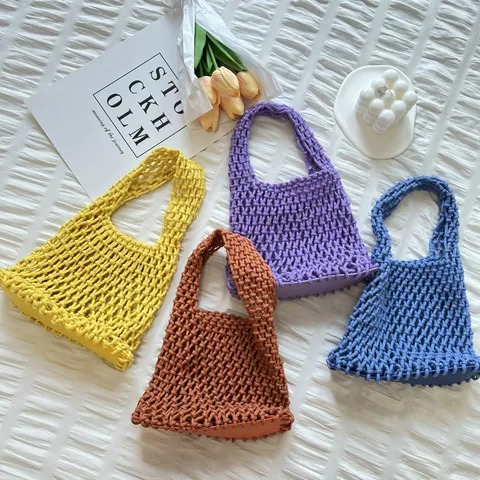 Bolso de Mano de Red Tejida Calada Estilo Ins Bolso Tote de Poliéster Trenzado Bolso Cubo de Playa para Mujer