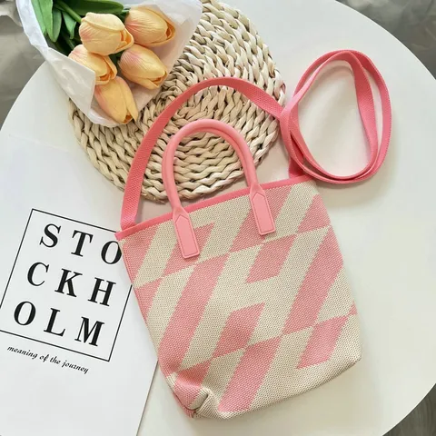 Women Casual Polyester Knitted Tote Bag Geometric Plaid Large Capacity Shoulder Crossbody Bucket Bag For Daily Streetwear