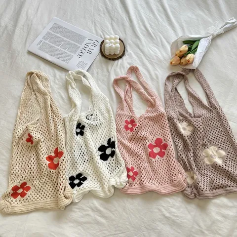 Korean Style Minimalist Vintage Hollow Out Knit Flower Tote Bag Large Capacity Shopping Bag Women Shoulder Bag Polyester Crochet Handbag