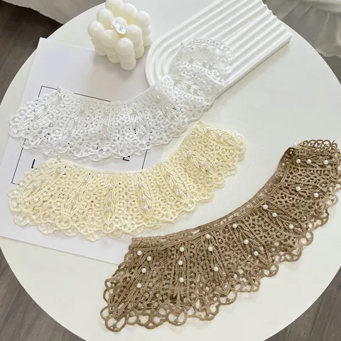Women Sweet Elegant Lace False Collar Peter Pan Collar Shawl Artificial Pearl Bowknot Sun Protection Hollow Out Detachable Shawl