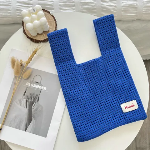 Japanese Korean Style Hollow Mesh Knitted Handbag For Women Large Capacity Grid Knit Tote Bag Shoulder Vest Bag Casual Everyday Shopping Bag