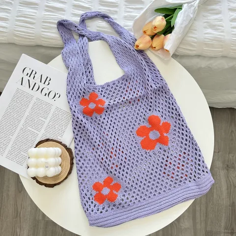 Korean Style Minimalist Vintage Hollow Out Knit Flower Tote Bag Large Capacity Shopping Bag Women Shoulder Bag Polyester Crochet Handbag