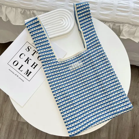 Ins Casual Knit Tote Bag Hollow Out Crochet Vest Handbag Polyester Plaid Grid Shoulder Bag For Women Outing Streetwear