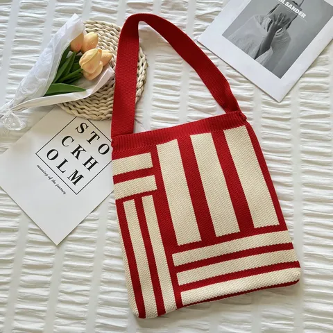 Sac Cabas Décontracté en Tricot à Blocs de Couleur Style Coréen Minimaliste Motif à Carreaux Et Cœur Sac à Épaule pour École Femmes Sac à Main en Polyester