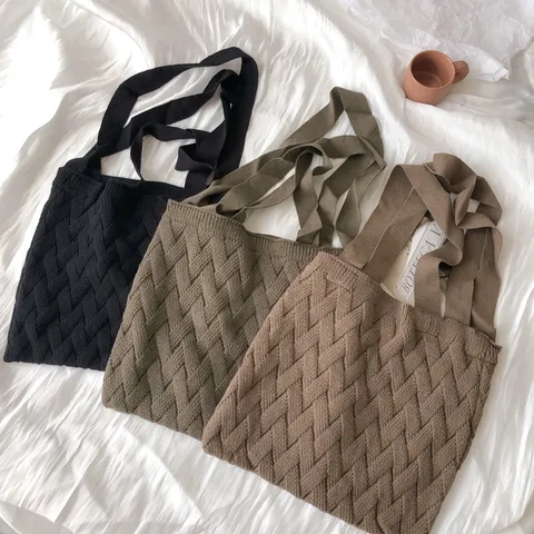 Retro Gestrickte Tote Bag Für Damen Kreuzgewebte Schultertasche Lässig Offene Achsel Häkeltasche Streetwear Alltägliche Handtasche