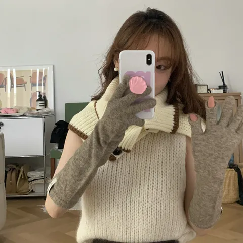 Women Long Knit Acrylic Gloves Solid Color Warm Fingerless Touchscreen Arm Warmers Korean Style Sweet Winter Apparel Gloves
