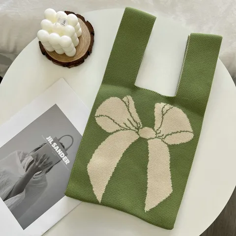 Sac Cabas en Tricot Style Coréen Couleur Contraste Cœur Nœud Sac à Main Mode en Polyester pour Femmes