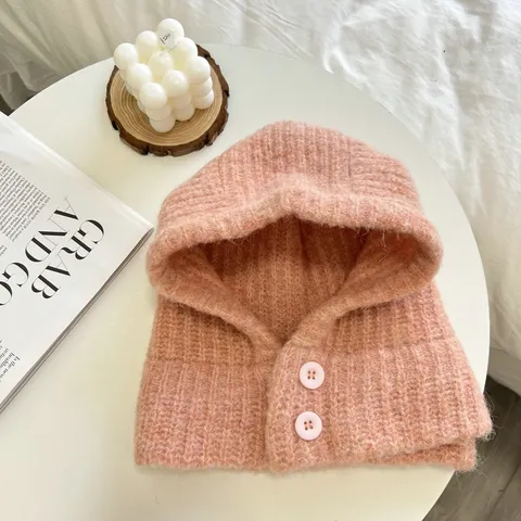 Femmes Hiver Tricot Côtelé Polyester Écharpe Capuche Chapeau Intégré Bouton Accent Doux Pullover Chaud Thermique Protection Oreilles Cache-Cou Bonnet