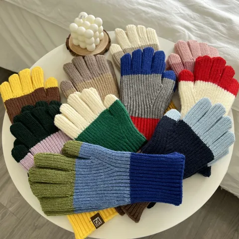 Winter Warm Knitted Color Block Gloves for Men Women Couple Touchscreen Soft Acrylic Outdoor Cold Protection Student Fashion Gloves