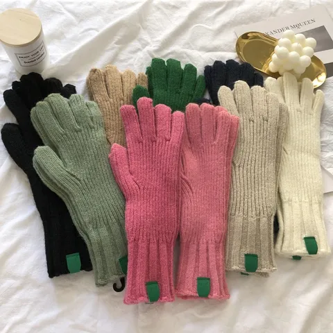 Women Winter Acrylic Ribbed Knit Warm Gloves Soft Solid Color Full Finger Outdoor Cycling Mittens For Students