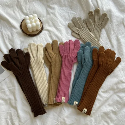 Women Winter Warm Acrylic Knitted Gloves Solid Color Long Wrist Guard Fingerless Five Finger Fashion Thermal Gloves