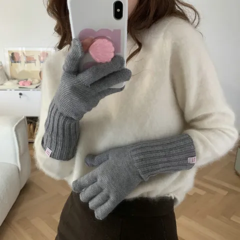 Solid Color Knitted Fingerless Gloves For Women Autumn Winter Warm Mittens Soft Touchscreen Arm Sleeves With Label Accessories
