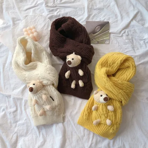 Style Coréen Écharpe en Tricot Torsadé Poupée Ours Mignonne pour Femmes Écharpe en Tricot à Chaîne Chaude d'Hiver Cache-Col Étudiants Écharpe en Polyester