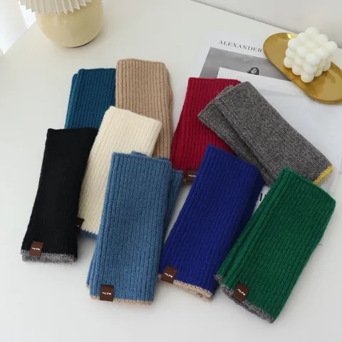 Unisex Winter Warm Knit Half Finger Gloves Color Block Short Wrist Gloves Soft Touch Daily Writing Gloves