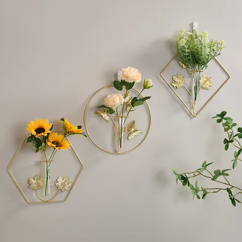 Nordic Iron Wall Hanging Flower Vase Geometric Metal Frame With Glass Test Tube Artificial Plant Home Decor Wall Ornament