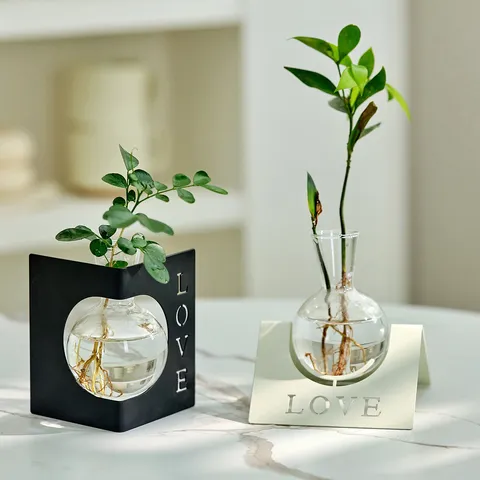 Modern Minimalist Glass Hydroponic Metal Vase Geometric Iron Art Desktop Ornament Living Room Dining Table Home Decoration