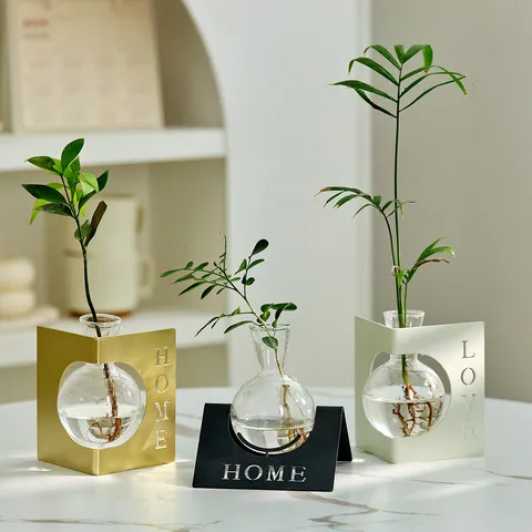 Modern Minimalist Glass Hydroponic Metal Vase Geometric Iron Art Desktop Ornament Living Room Dining Table Home Decoration