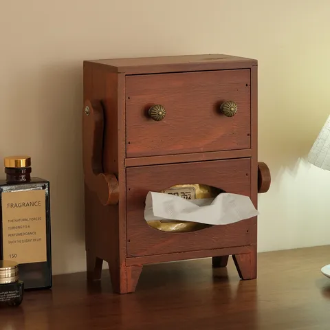 Solid Wood Tissue Box Desktop Storage Organizer Creative Smiley Robot Design Wooden Facial Tissue Dispenser with Drawers for Home Hotel Restaurant