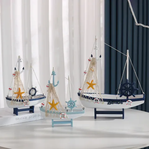 Modelo De Velero De Madera De Estilo Mediterráneo Decoración De Mesa Náutica Vintage Azul Y Blanco Adorno De Barco Para El Hogar Sala De Estar