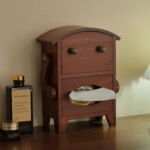Solid Wood Tissue Box Desktop Storage Organizer Creative Smiley Robot Design Wooden Facial Tissue Dispenser with Drawers for Home Hotel Restaurant