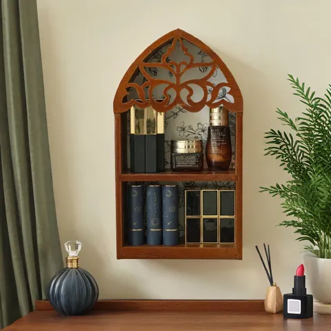 Wooden Wall Mounted Storage Shelf Gothic Arch Hollow Crystal Display Stand Vintage Floating Shelves For Home Decor