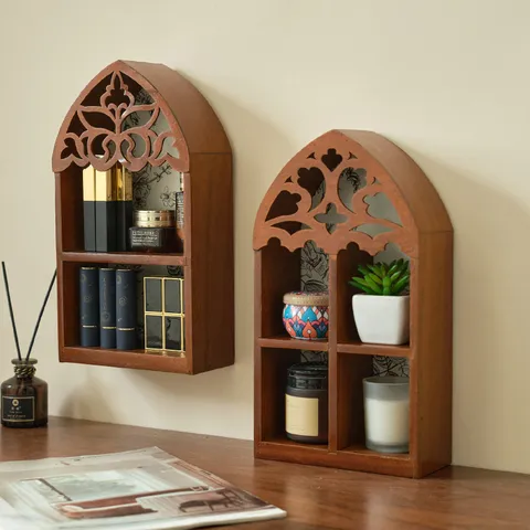 Wooden Wall Mounted Storage Shelf Gothic Arch Hollow Crystal Display Stand Vintage Floating Shelves For Home Decor