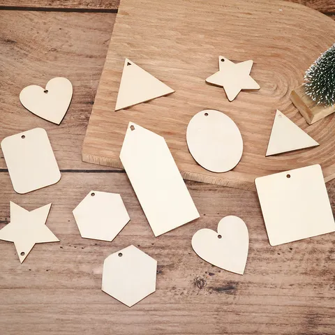 Natural Pine Wood Slices Blank Cutouts Geometric Wooden Shapes With Holes For Kids DIY Painting Craft Hanging Ornaments