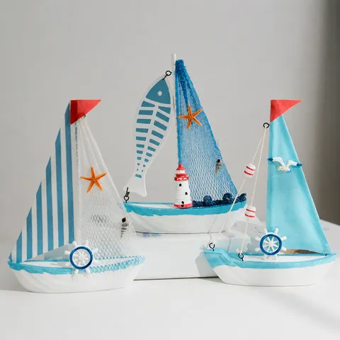 Estilo Mediterráneo Modelo de Velero de Madera Adorno de Mesa Náutico Vintage Barco Hecho a Mano Decoración del Hogar