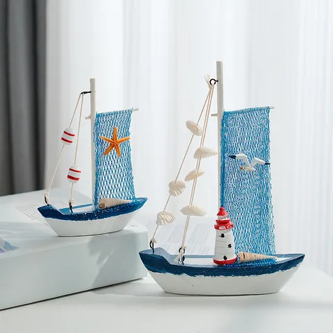Mediterranean Style Wooden Sailboat Model Nautical Tabletop Ornament Vintage Handcrafted Ship Home Decor