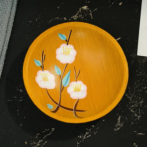 Plato de Fruta Redondo de Madera Hecho a Mano Pintado a Mano Patrón Camelia Bandeja de Aperitivos Fruta Seca Almacenamiento Decoración