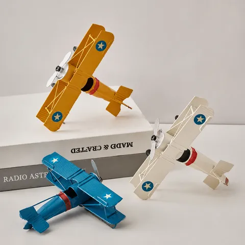 Vintage Iron WWII Fighter Airplane Model Handmade Painted Metal Biplane Toy Desk Ornament Home Craft