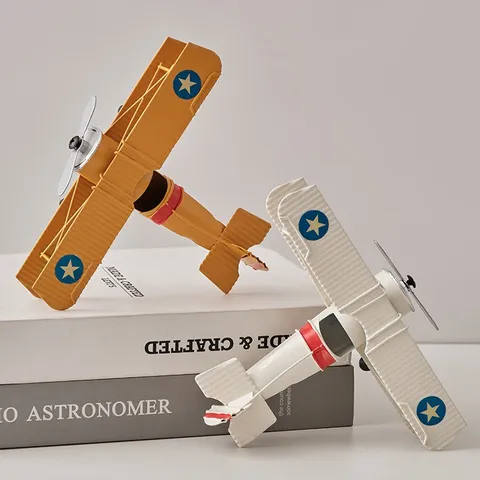 Vintage Iron WWII Fighter Airplane Model Handmade Painted Metal Biplane Toy Desk Ornament Home Craft